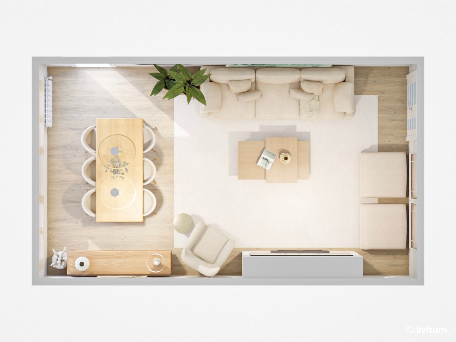 Salón comedor moderno con sofá de chenilla beige y cuadro verde