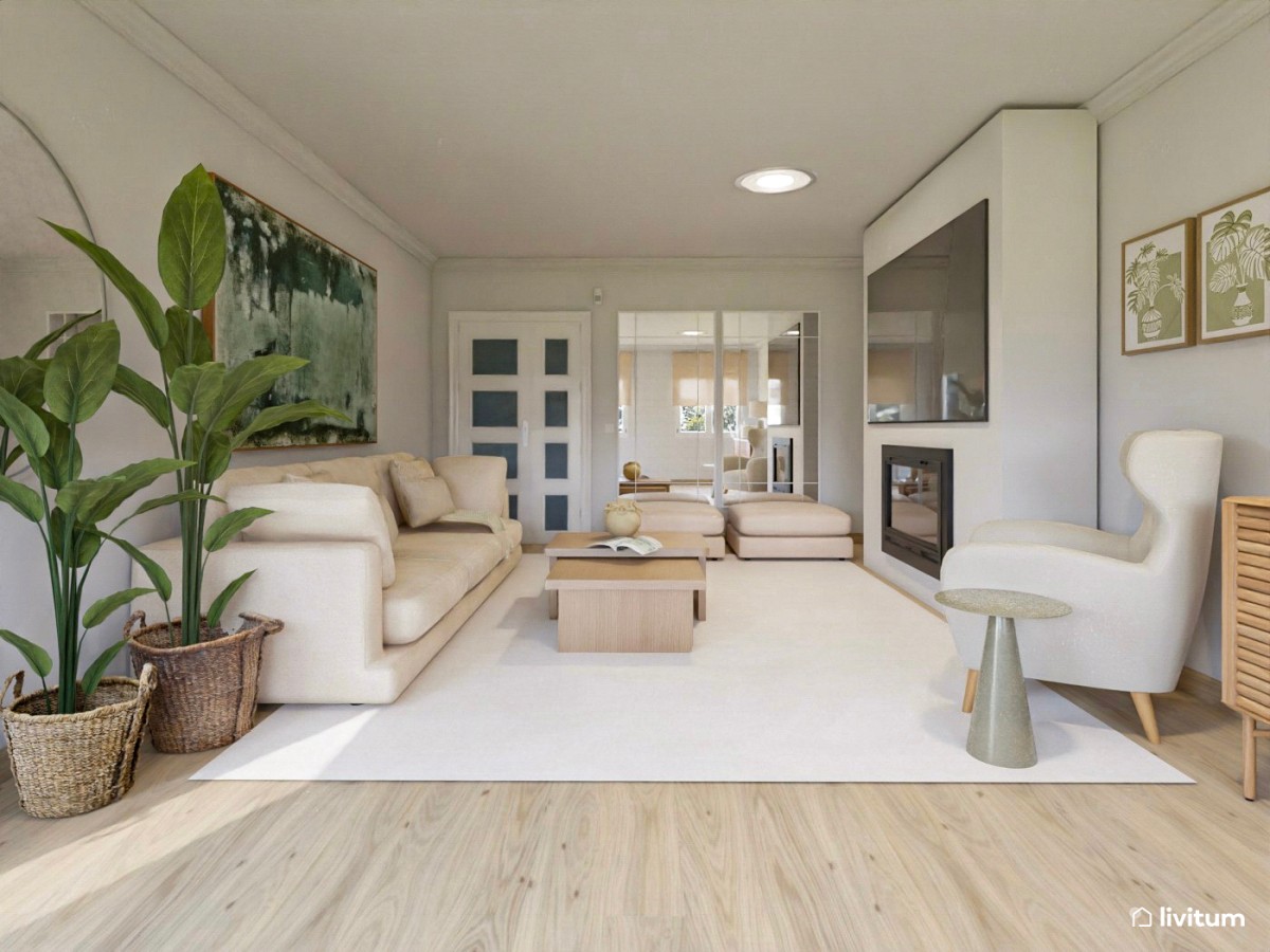 Salón comedor moderno con sofá de chenilla beige y cuadro verde