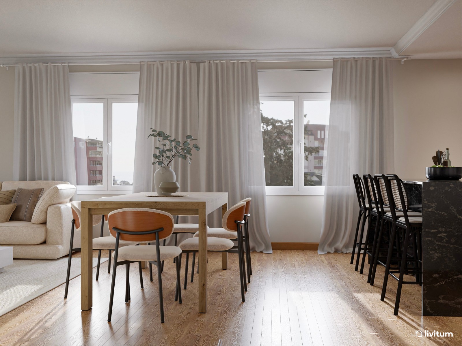 Salón comedor moderno con sofá rinconero