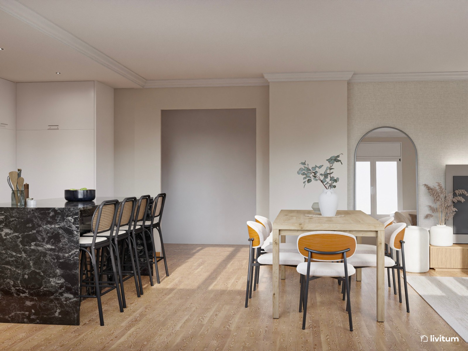 Salón comedor moderno con sofá rinconero