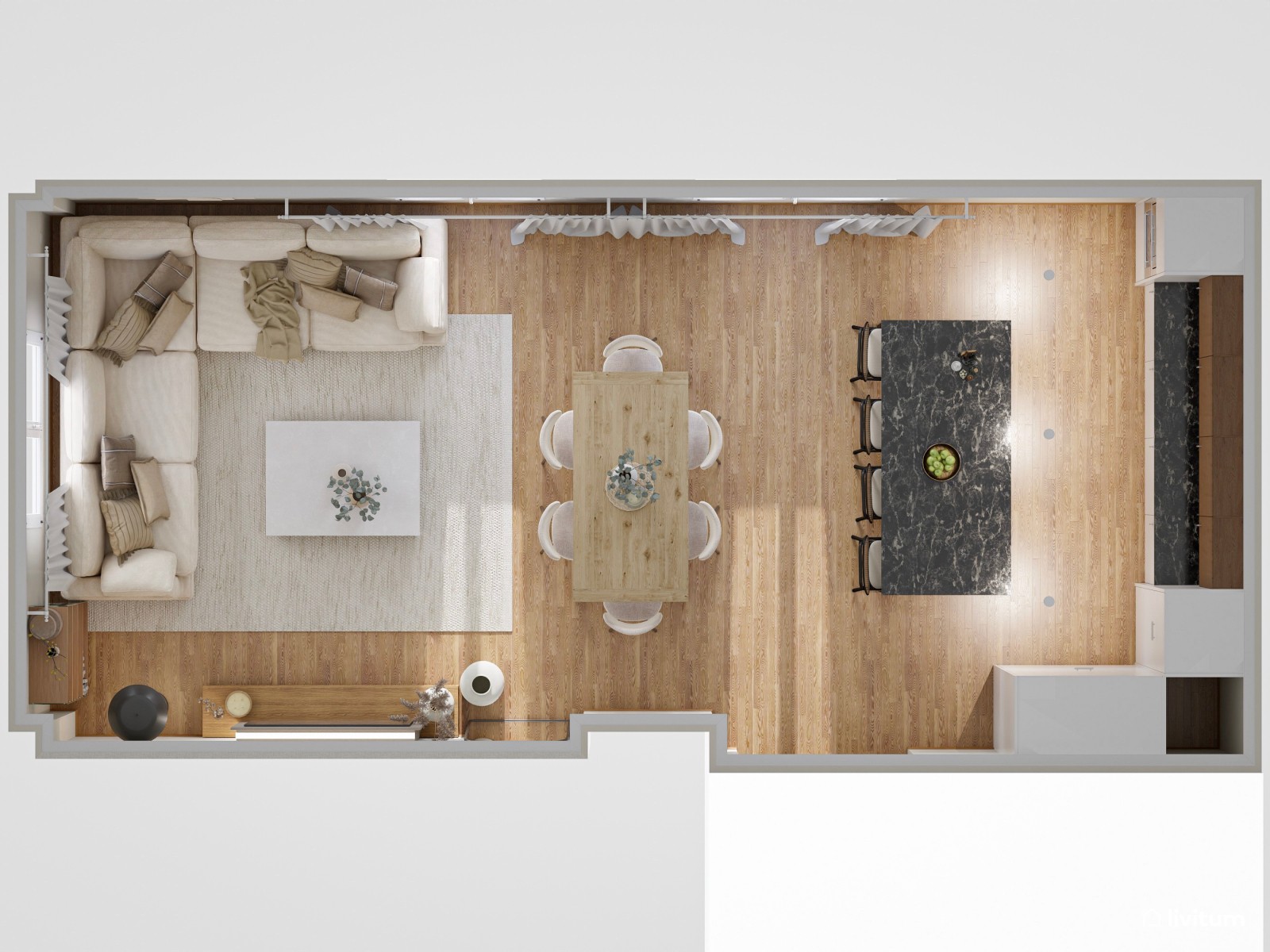 Salón comedor moderno con sofá rinconero