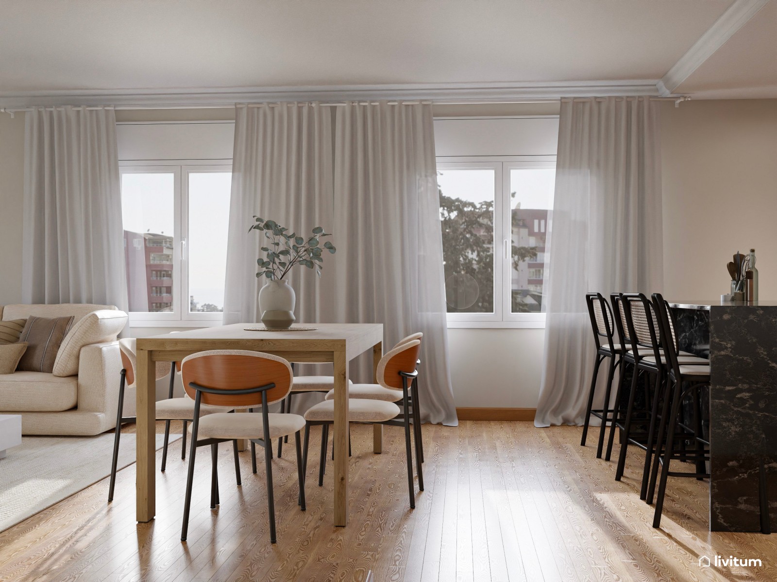 Salón comedor moderno con sofá rinconero