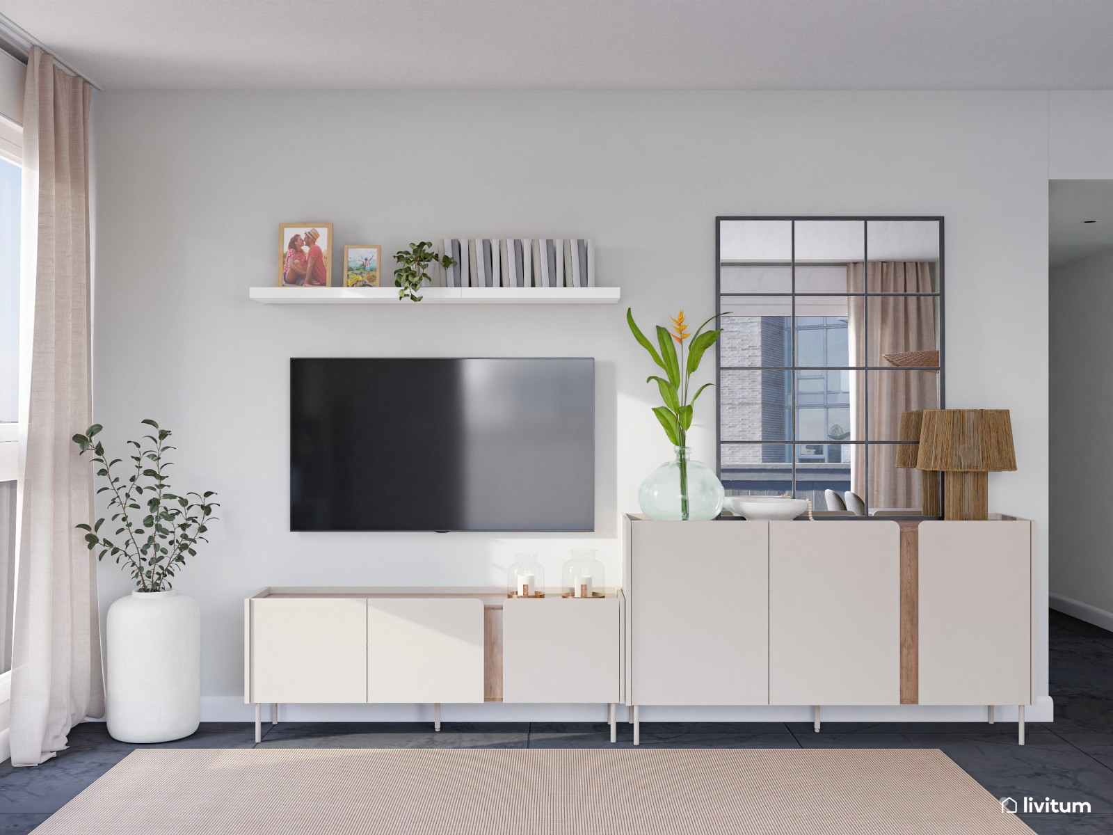 Salón comedor moderno con suelo oscuro y cocina abierta con detalles en verde 