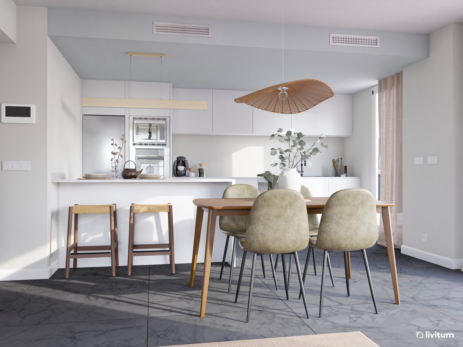Salón comedor moderno con suelo oscuro y cocina abierta con detalles en verde 
