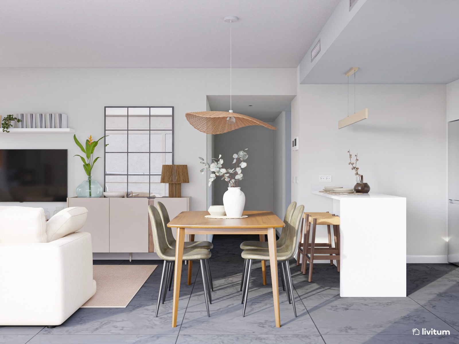 Salón comedor moderno con suelo oscuro y cocina abierta con detalles en verde 