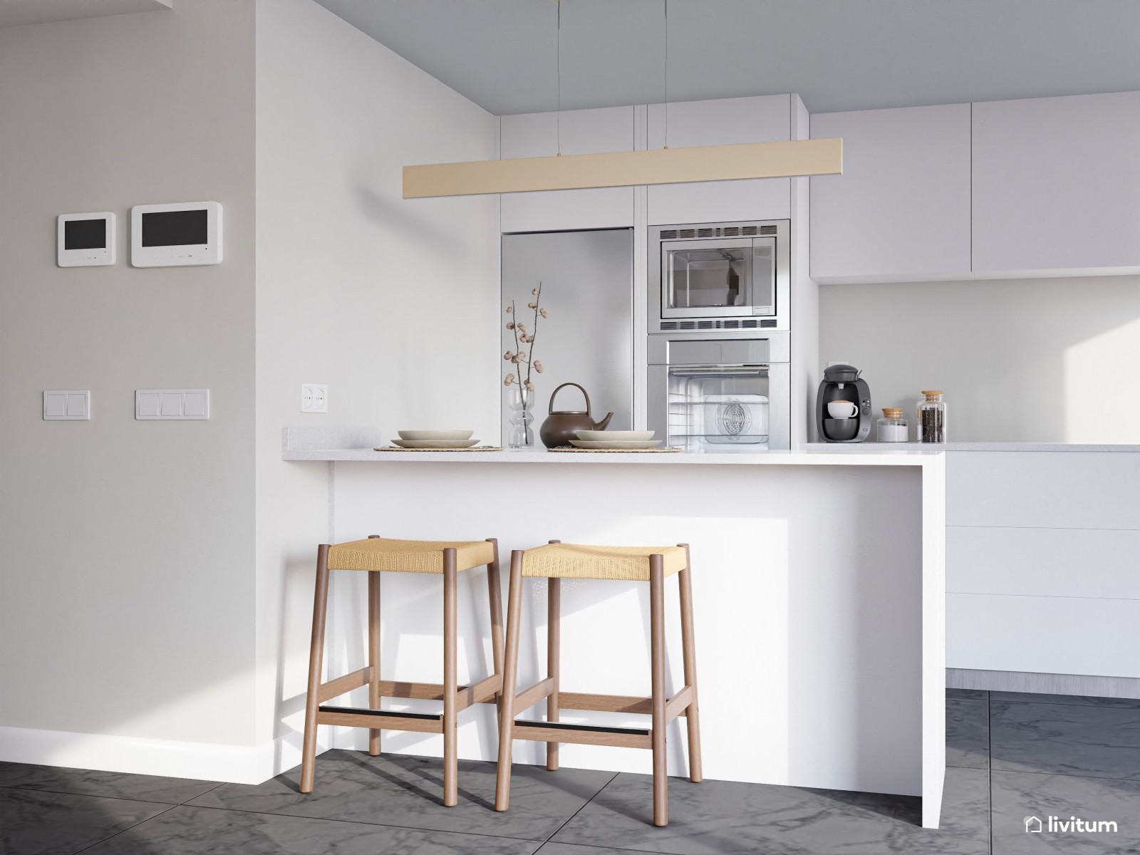 Salón comedor moderno con suelo oscuro y cocina abierta con detalles en verde 