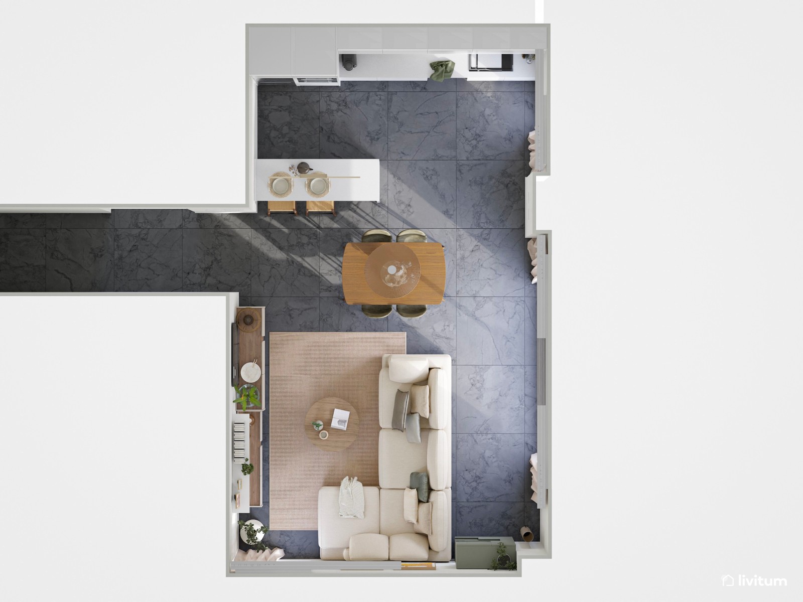Salón comedor moderno con suelo oscuro y cocina abierta con detalles en verde 