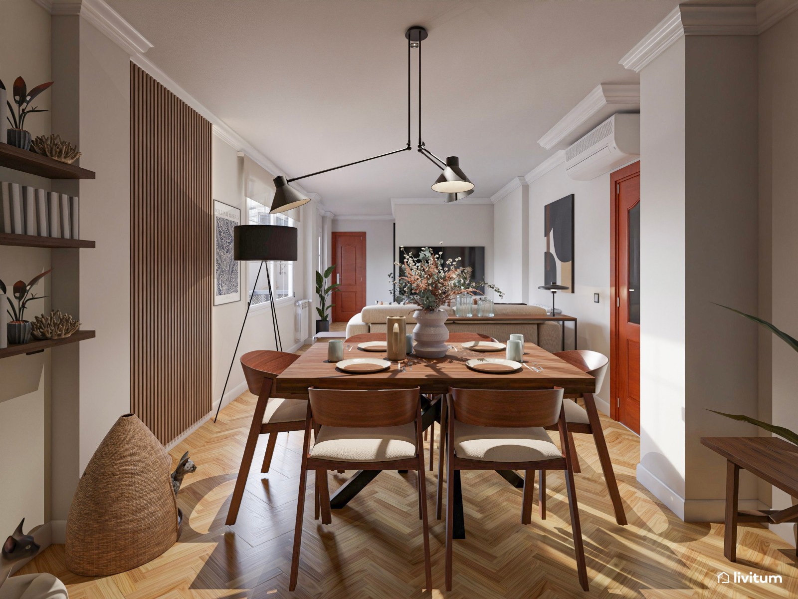 Salón comedor moderno con toques en azul marino y negro