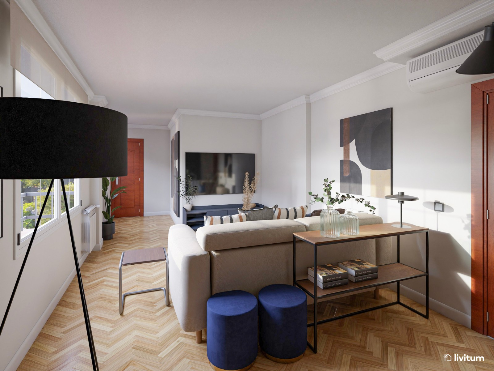 Salón comedor moderno con toques en azul marino y negro