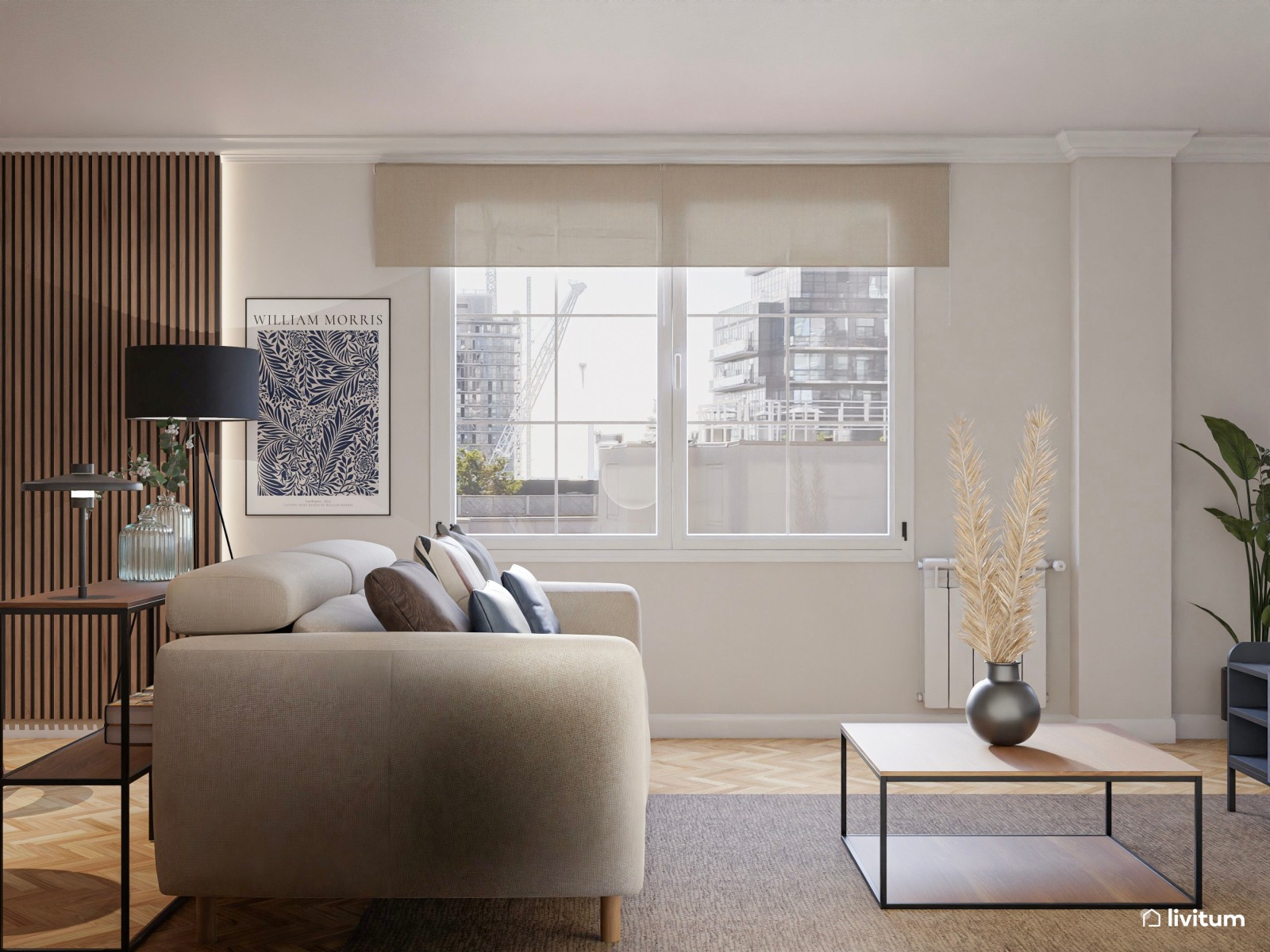 Salón comedor moderno con toques en azul marino y negro