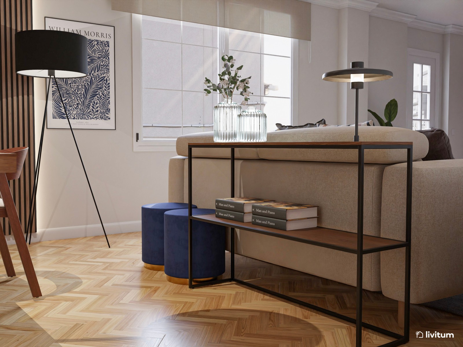 Salón comedor moderno con toques en azul marino y negro