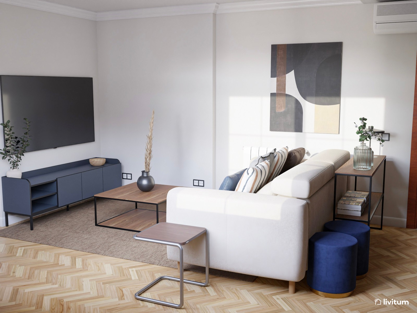Salón comedor moderno con toques en azul marino y negro