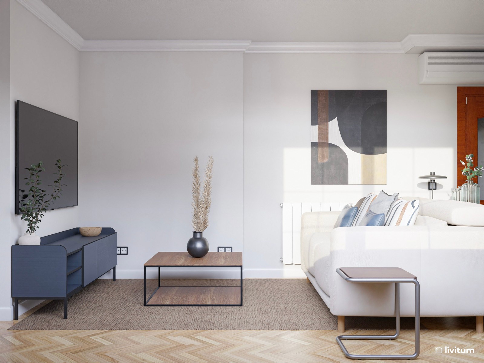 Salón comedor moderno con toques en azul marino y negro