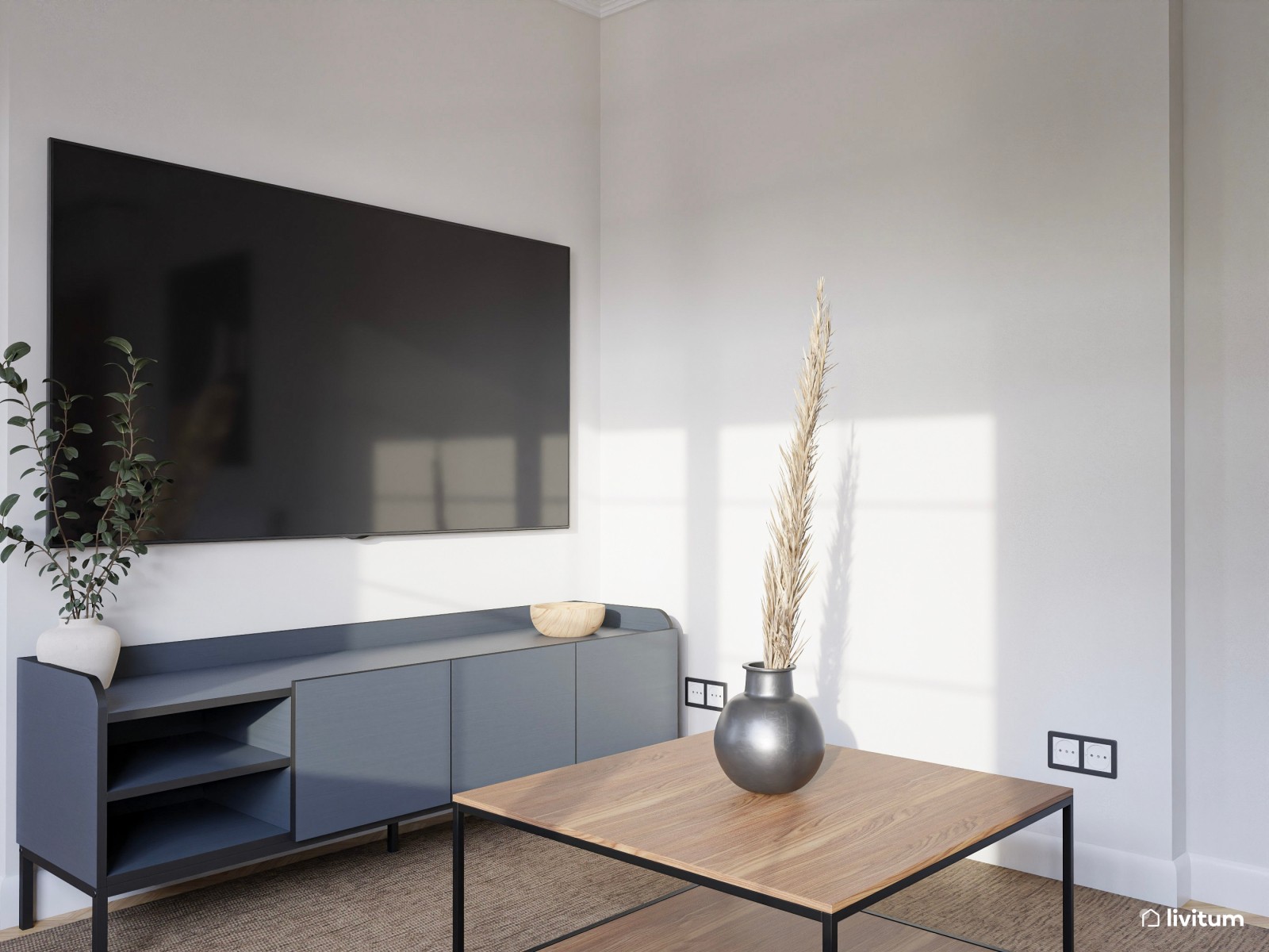 Salón comedor moderno con toques en azul marino y negro