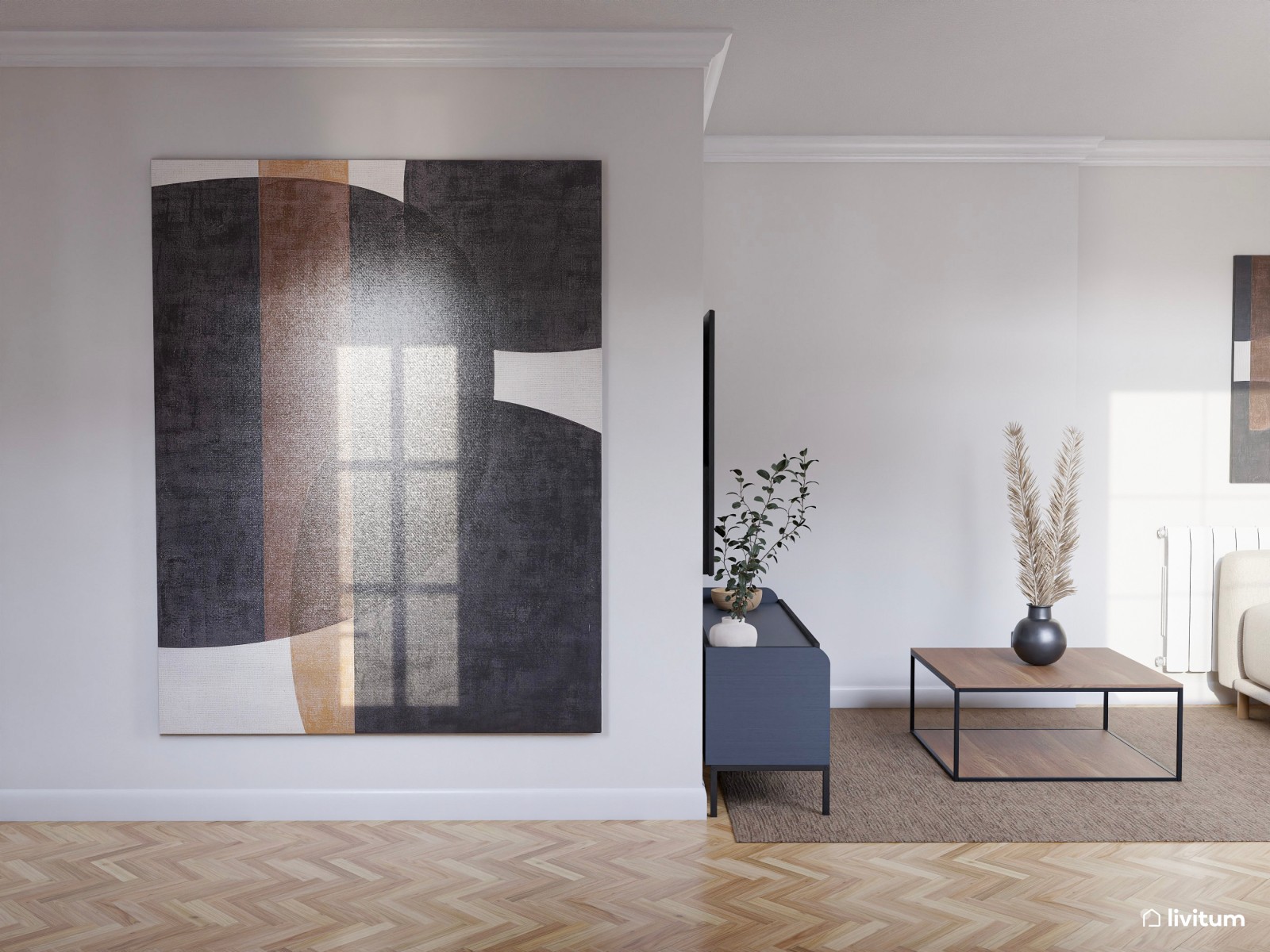Salón comedor moderno con toques en azul marino y negro