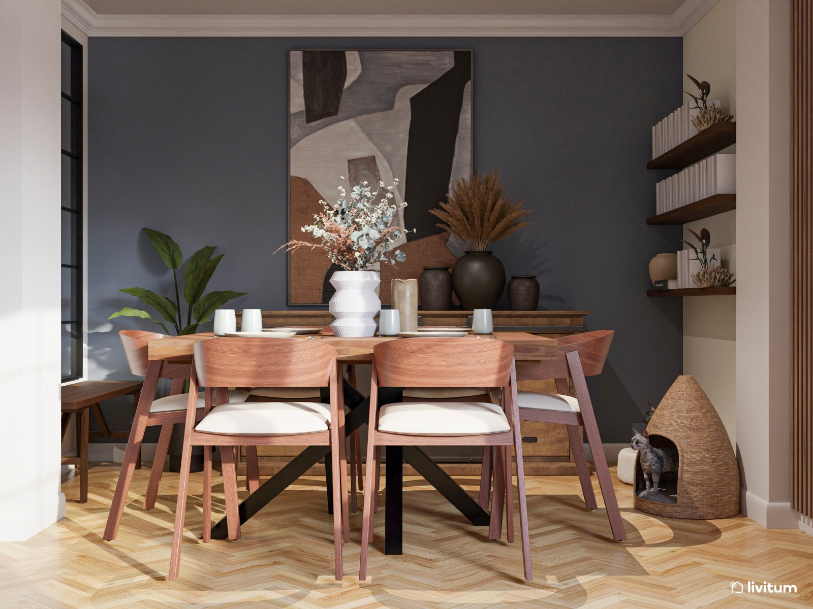 Salón comedor moderno con toques en azul marino y negro