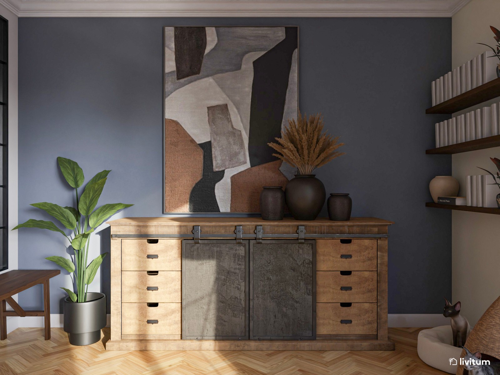Salón comedor moderno con toques en azul marino y negro