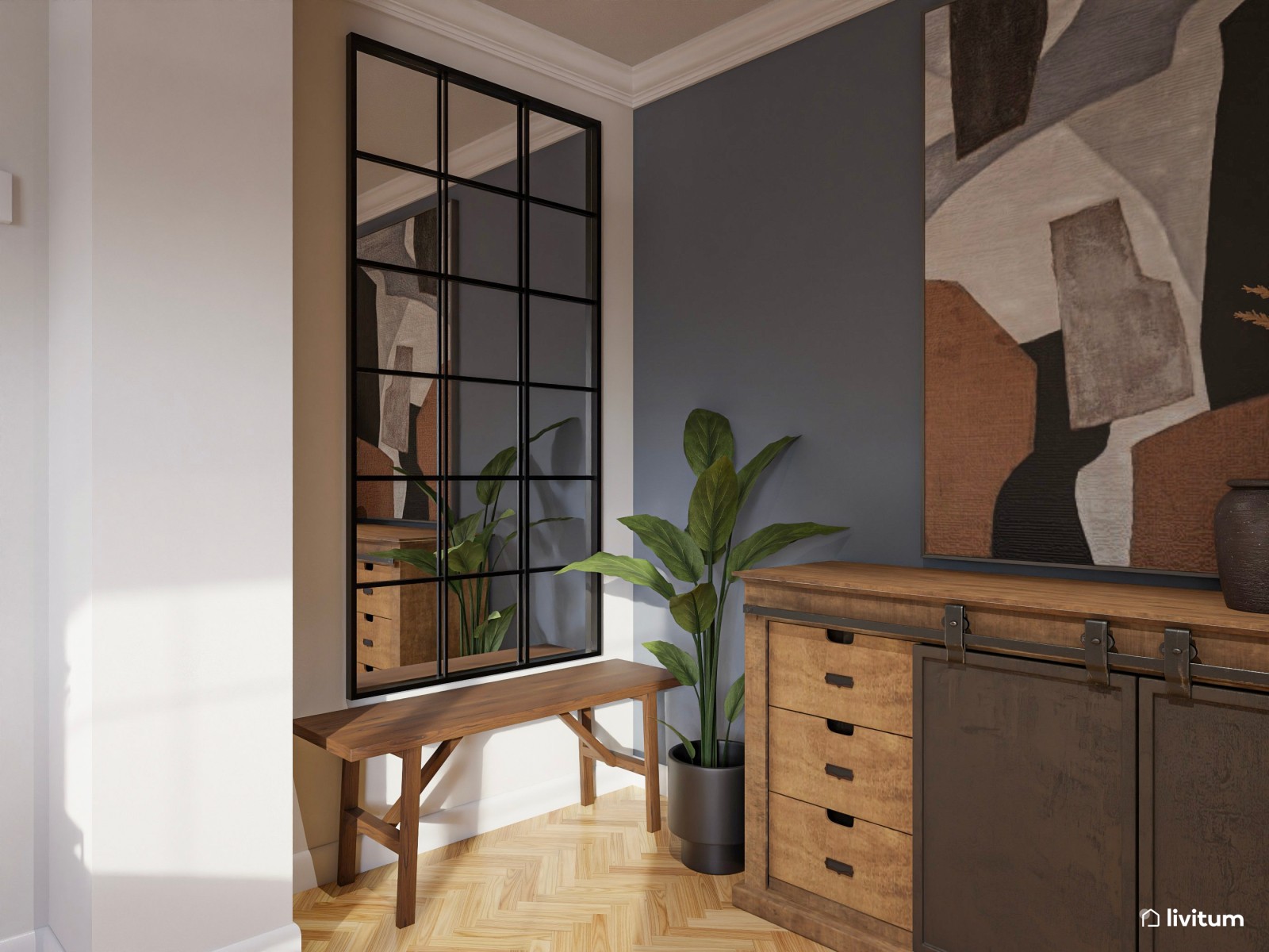 Salón comedor moderno con toques en azul marino y negro