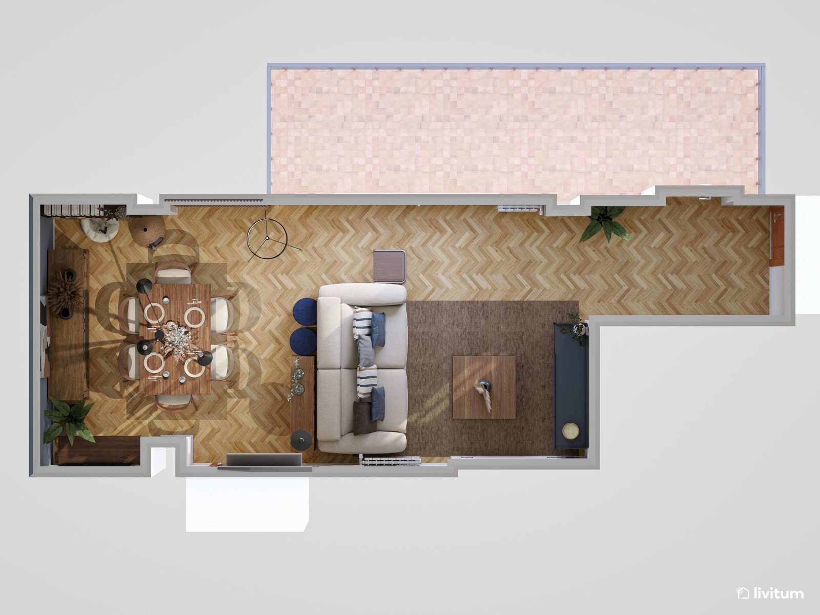 Salón comedor moderno con toques en azul marino y negro