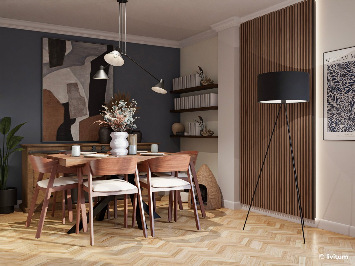 Salón comedor moderno con toques en azul marino y negro