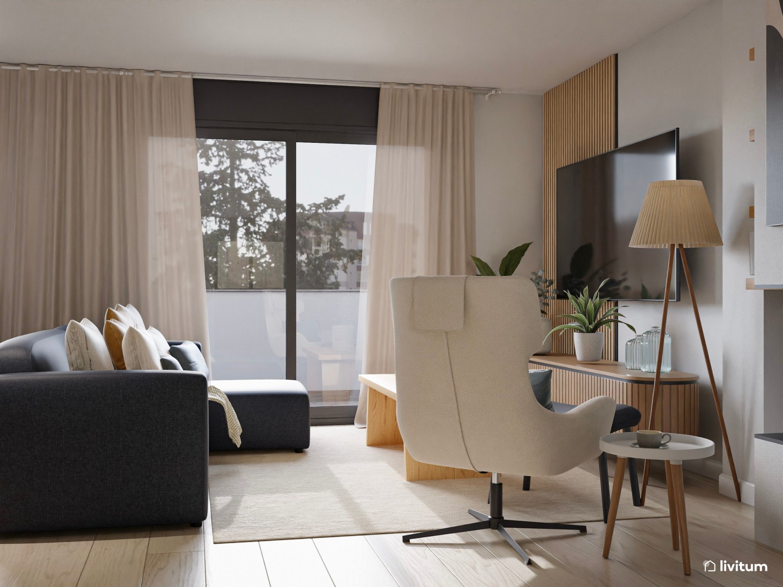 Salón comedor moderno con zona de juegos, color y chimenea 