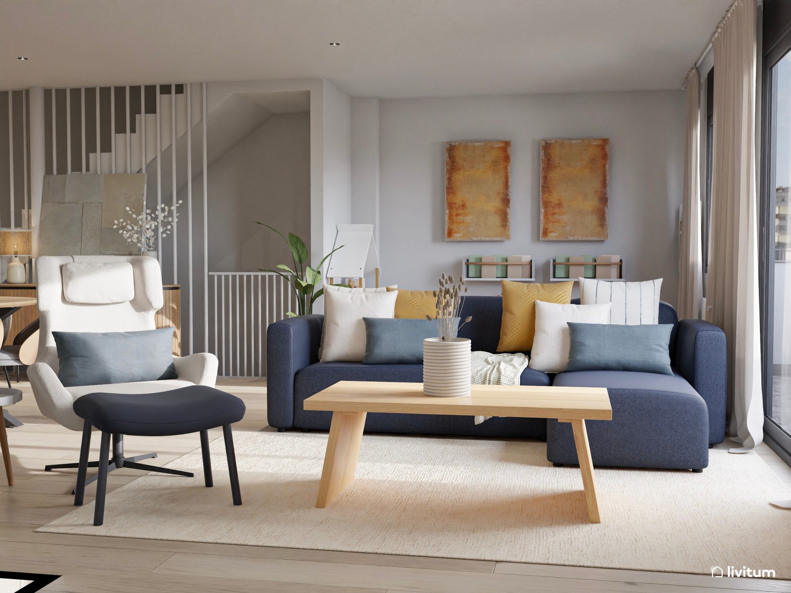 Salón comedor moderno con zona de juegos, color y chimenea 