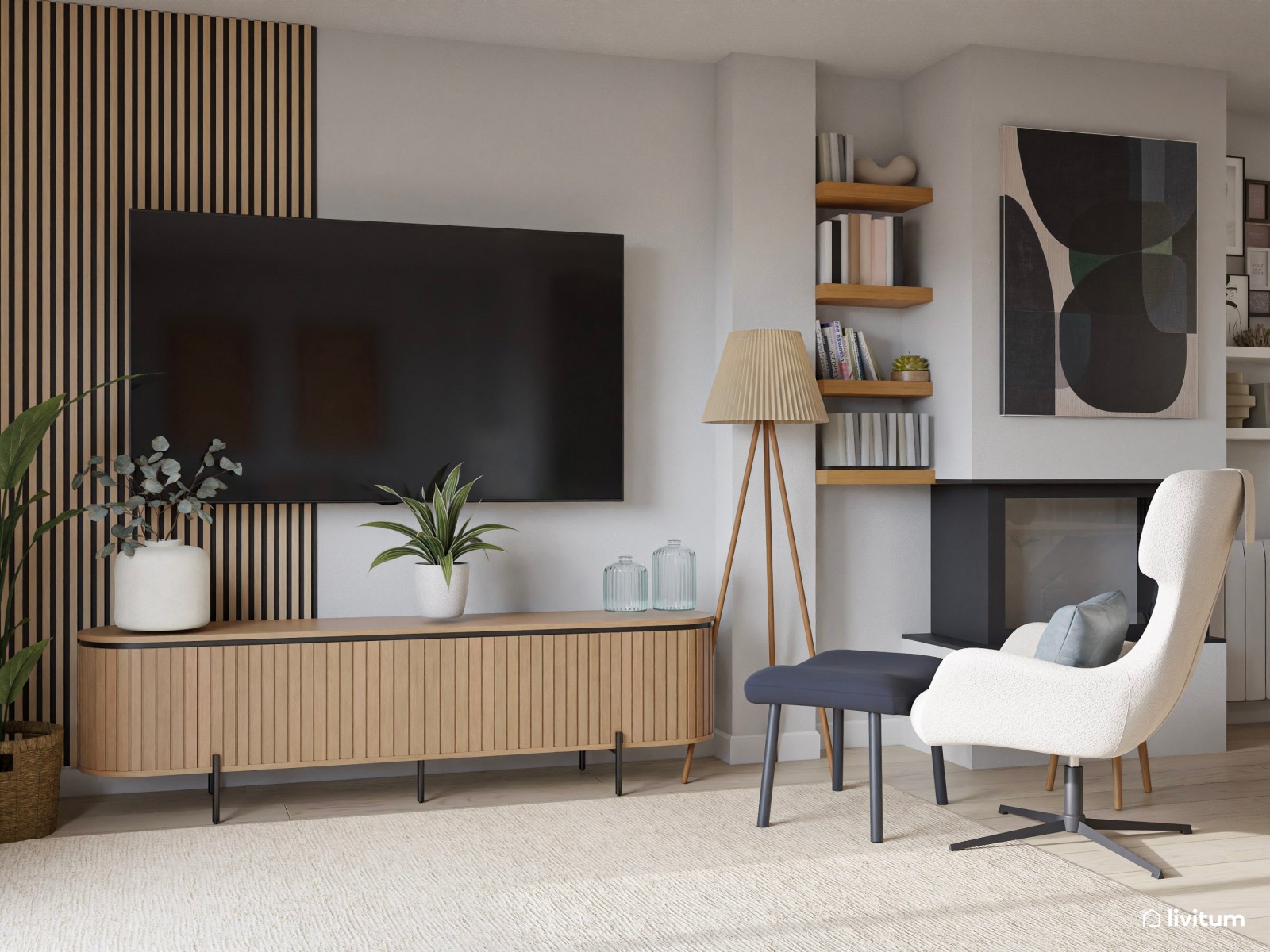 Salón comedor moderno con zona de juegos, color y chimenea 