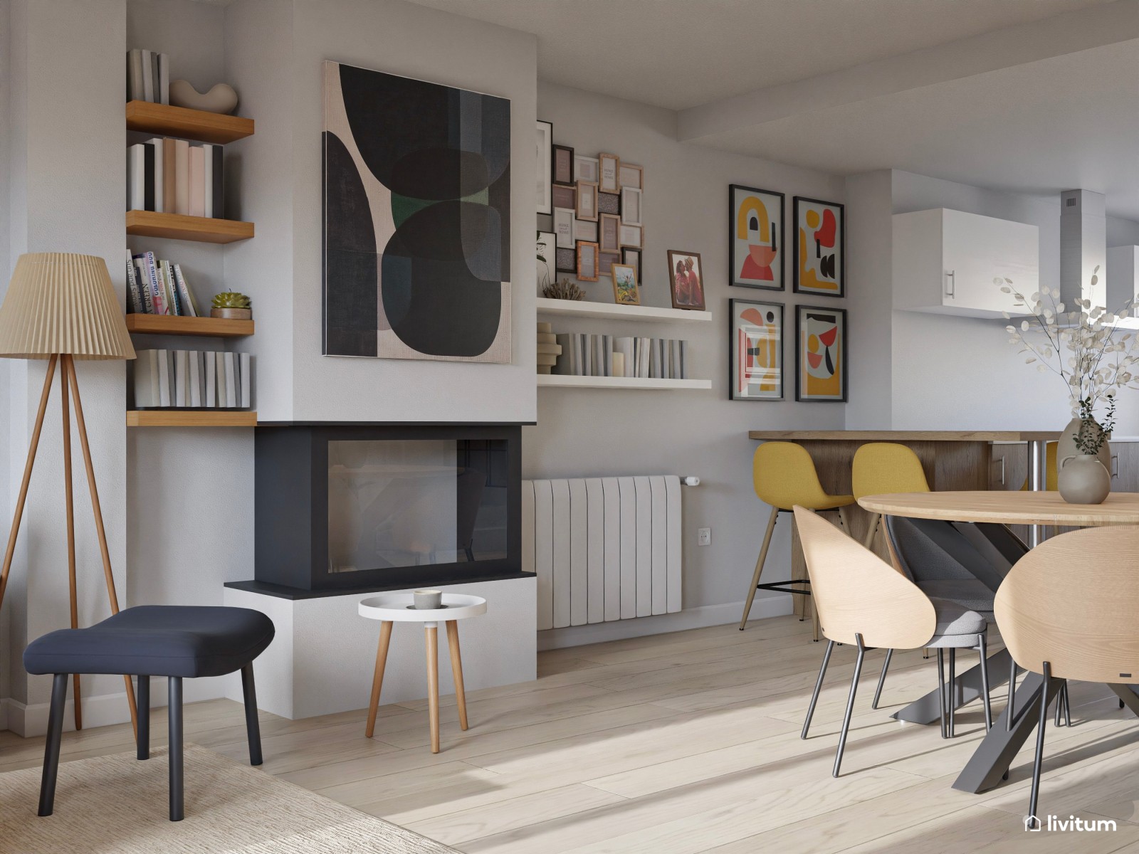 Salón comedor moderno con zona de juegos, color y chimenea 