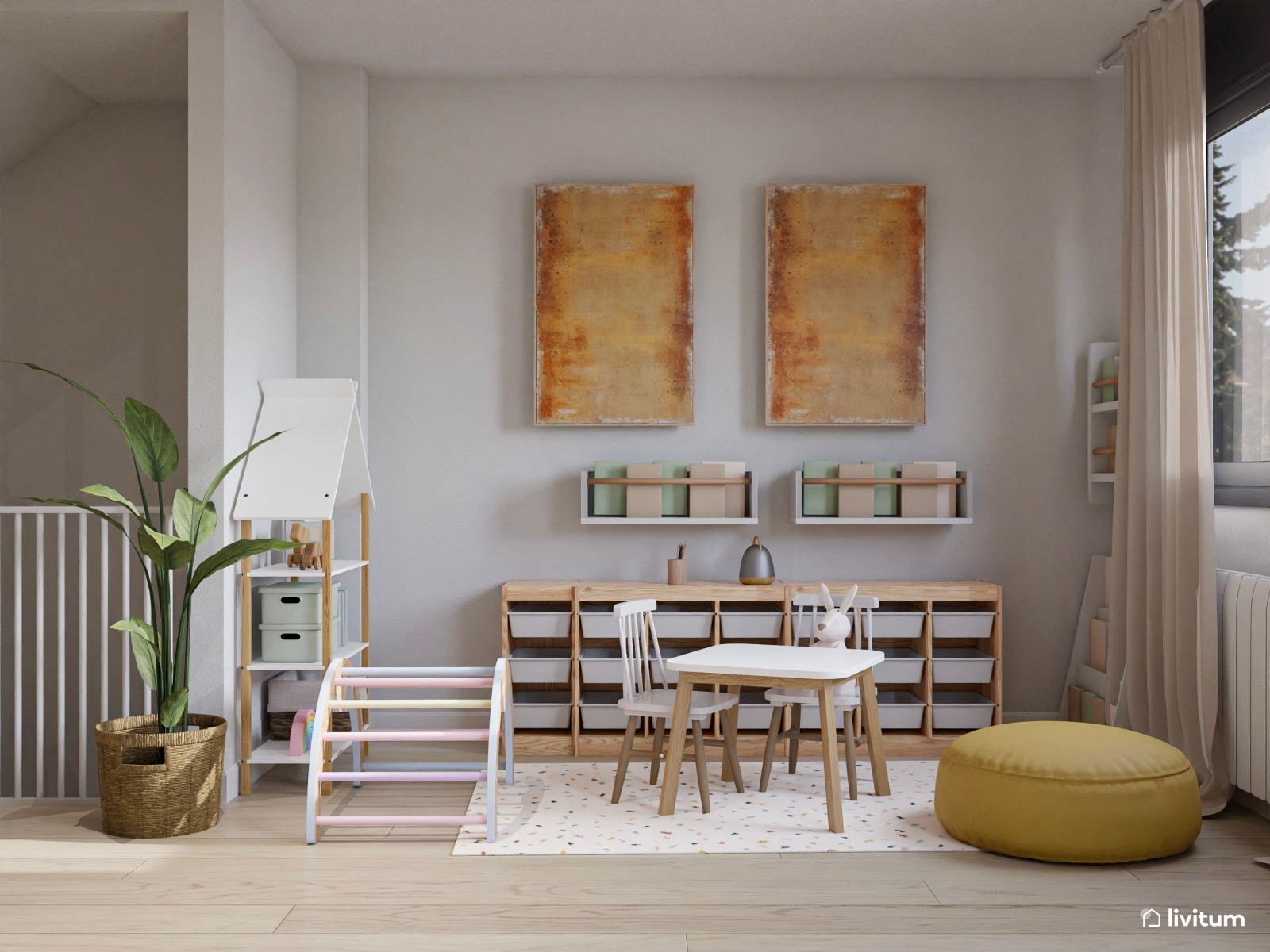 Salón comedor moderno con zona de juegos, color y chimenea 