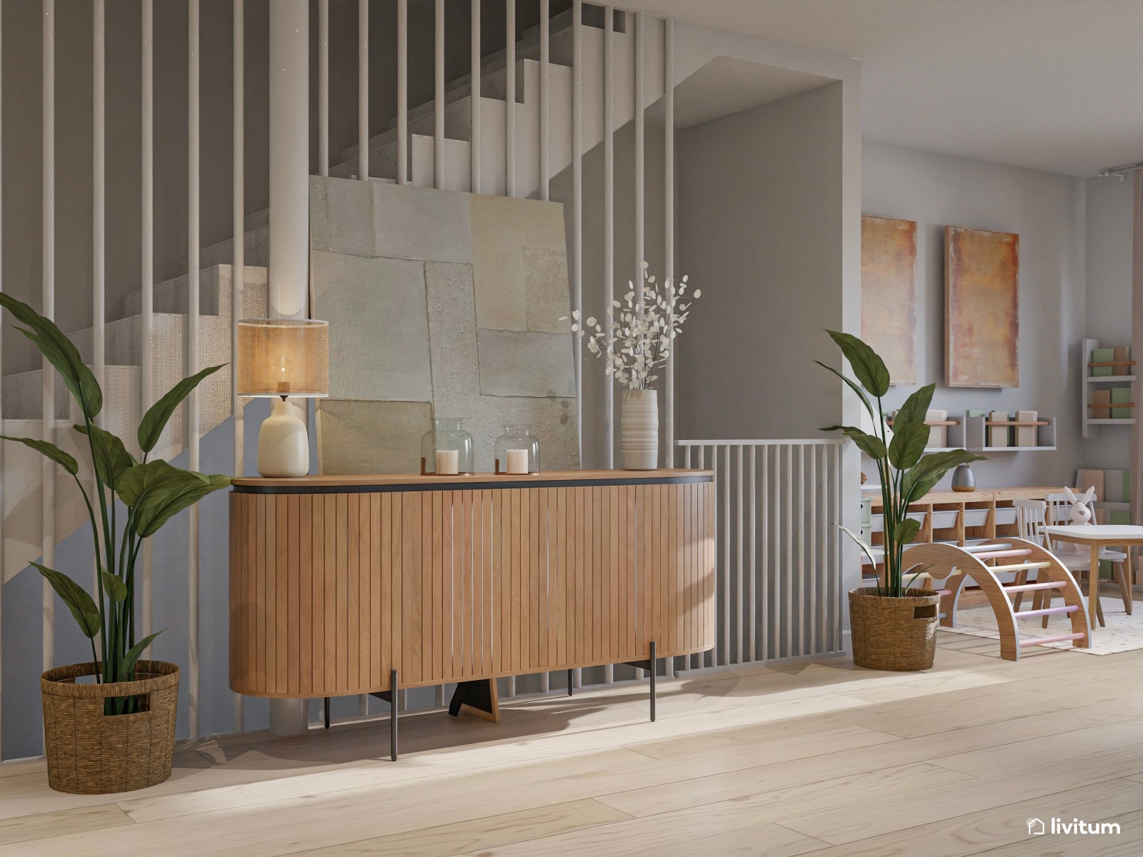 Salón comedor moderno con zona de juegos, color y chimenea 