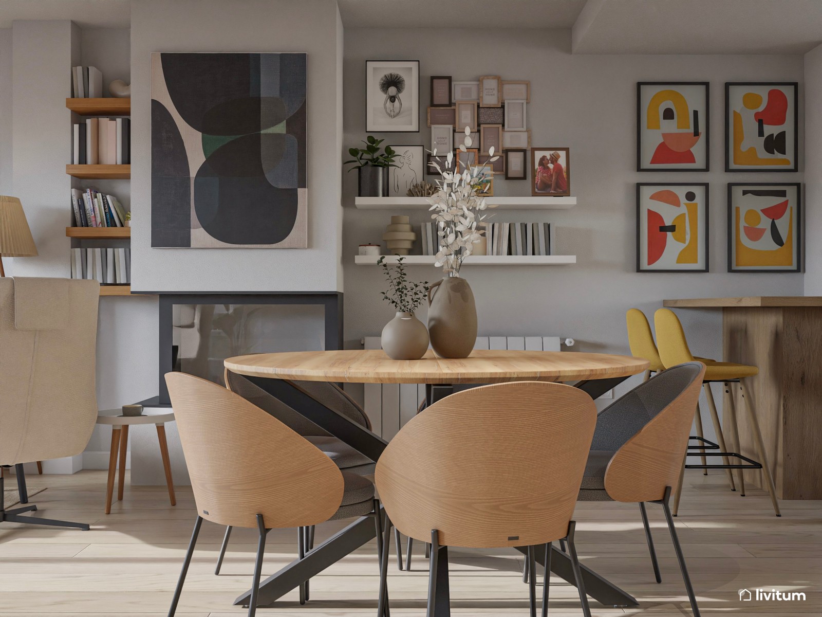 Salón comedor moderno con zona de juegos, color y chimenea 