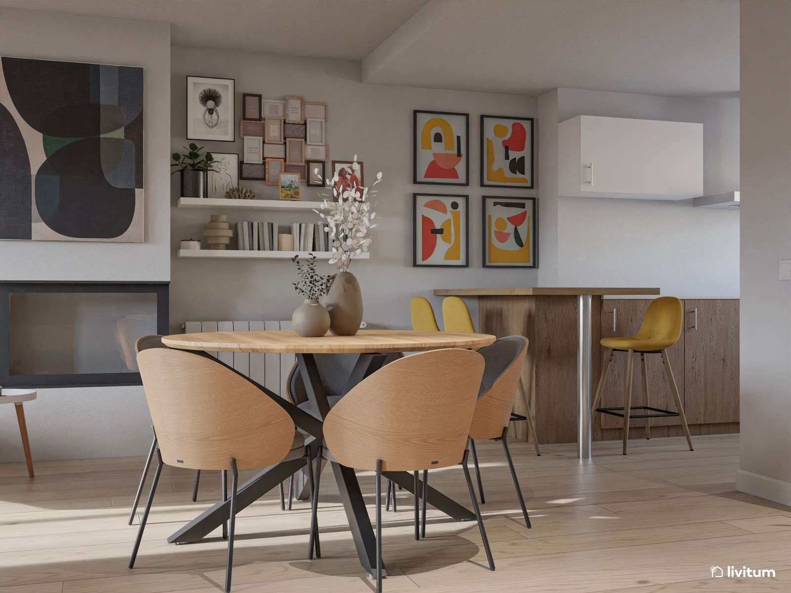 Salón comedor moderno con zona de juegos, color y chimenea 