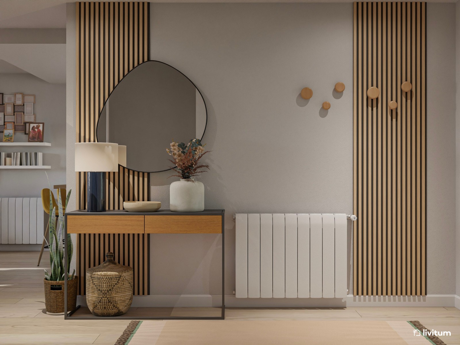 Salón comedor moderno con zona de juegos, color y chimenea 
