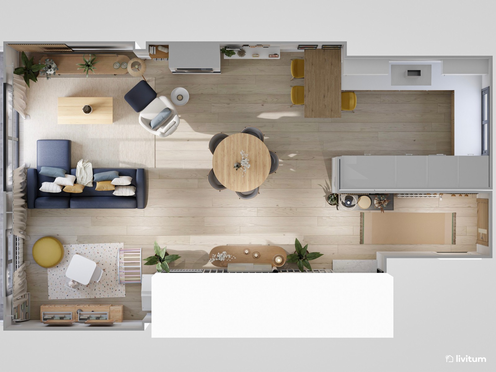 Salón comedor moderno con zona de juegos, color y chimenea 