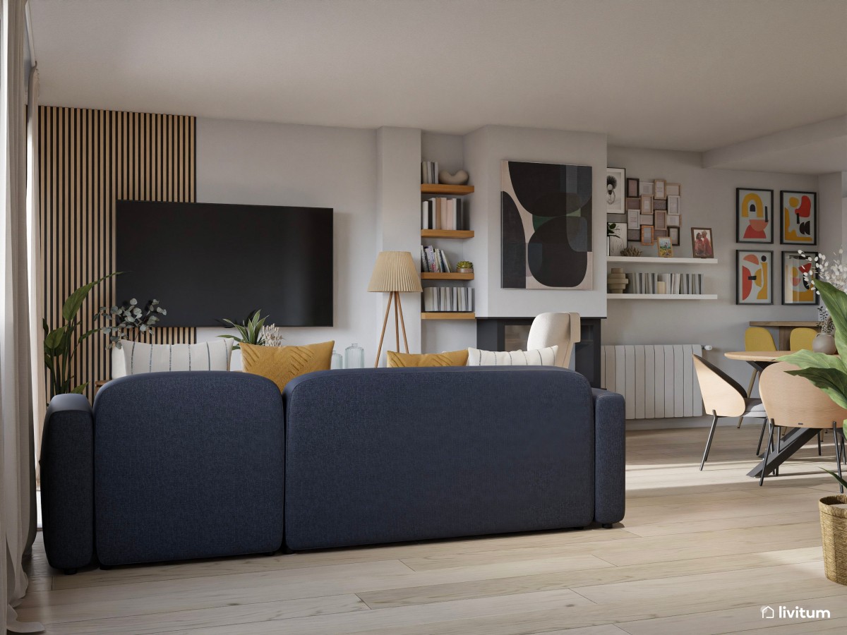 Salón comedor moderno con zona de juegos, color y chimenea