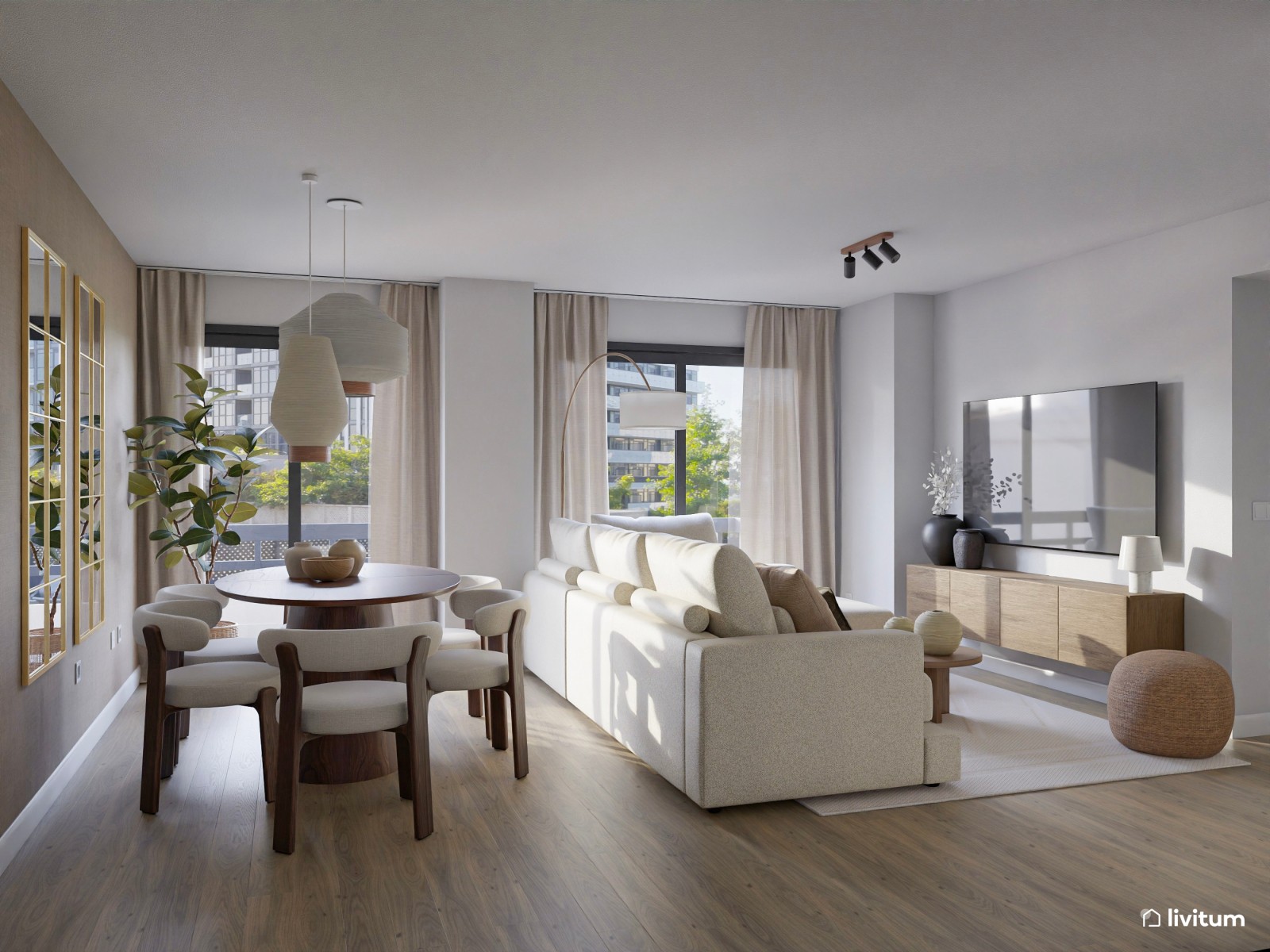 Salón comedor moderno de 23 m² en tonos tierra y espejos de ventana