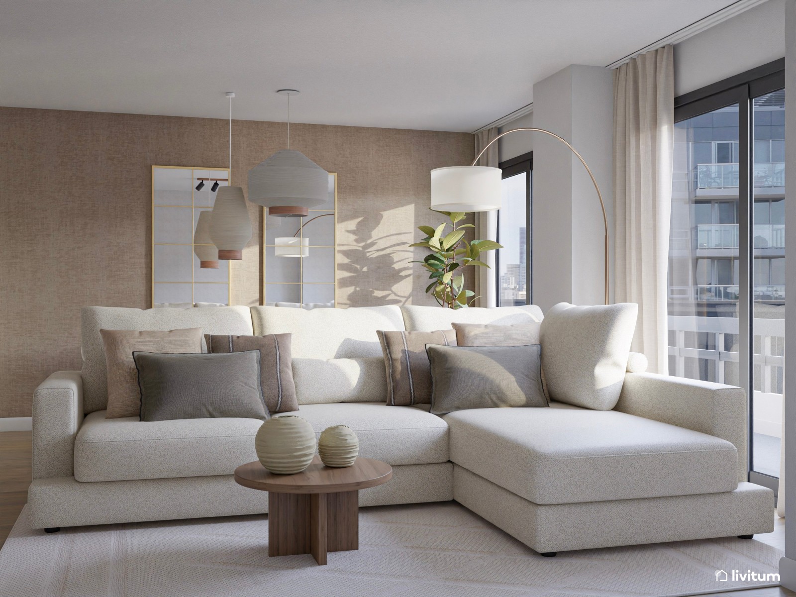 Salón comedor moderno de 23 m² en tonos tierra y espejos de ventana