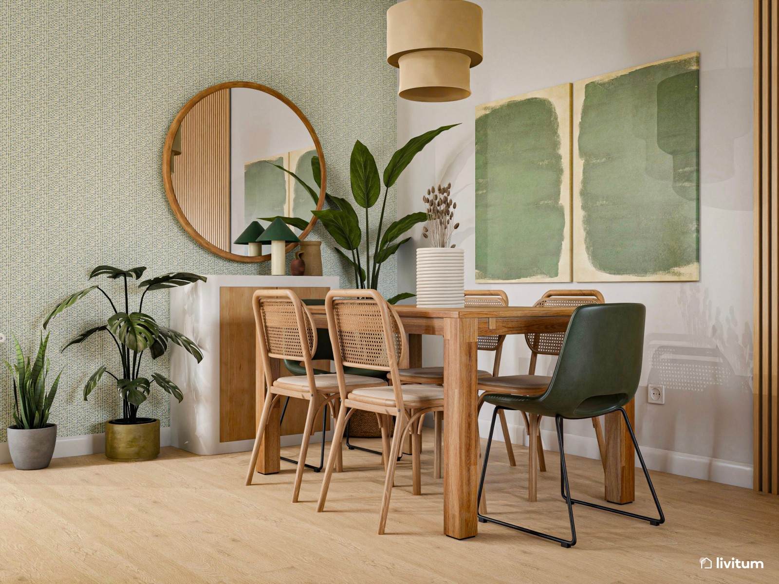 Salón comedor moderno de acentos verdes y decoración biofílica