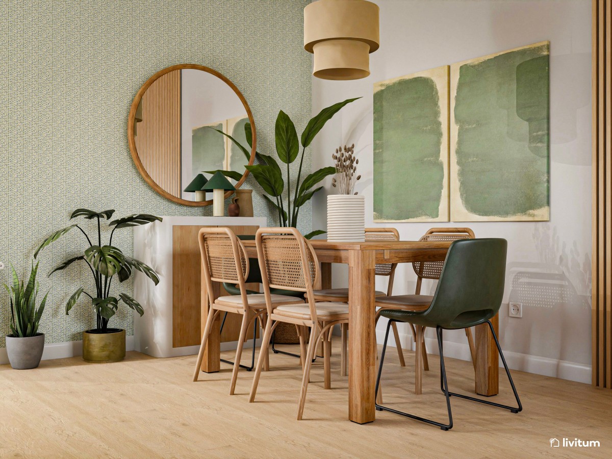 Salón comedor moderno de acentos verdes y decoración biofílica
