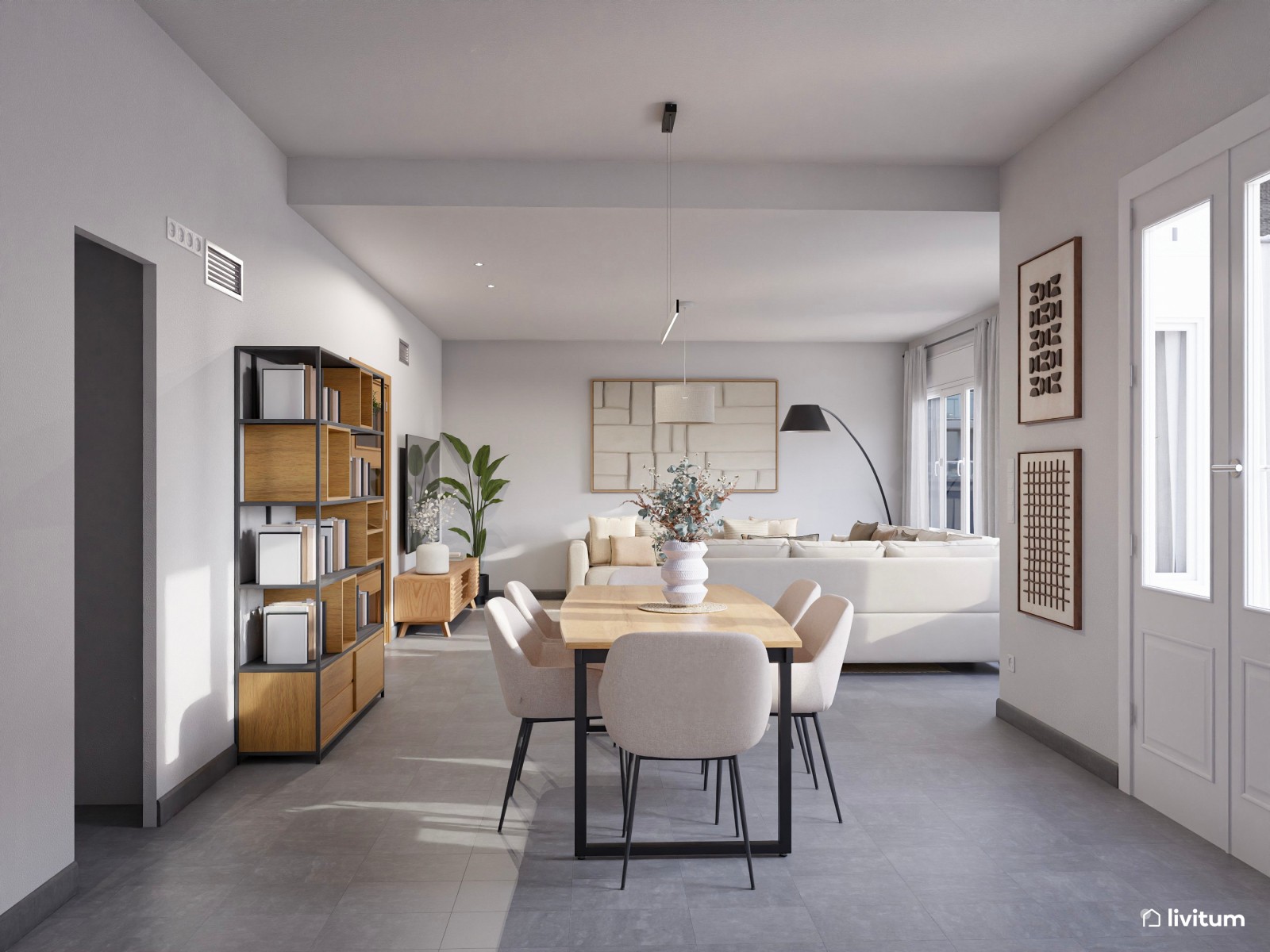 Salón comedor moderno de planta irregular con sofá rinconero
