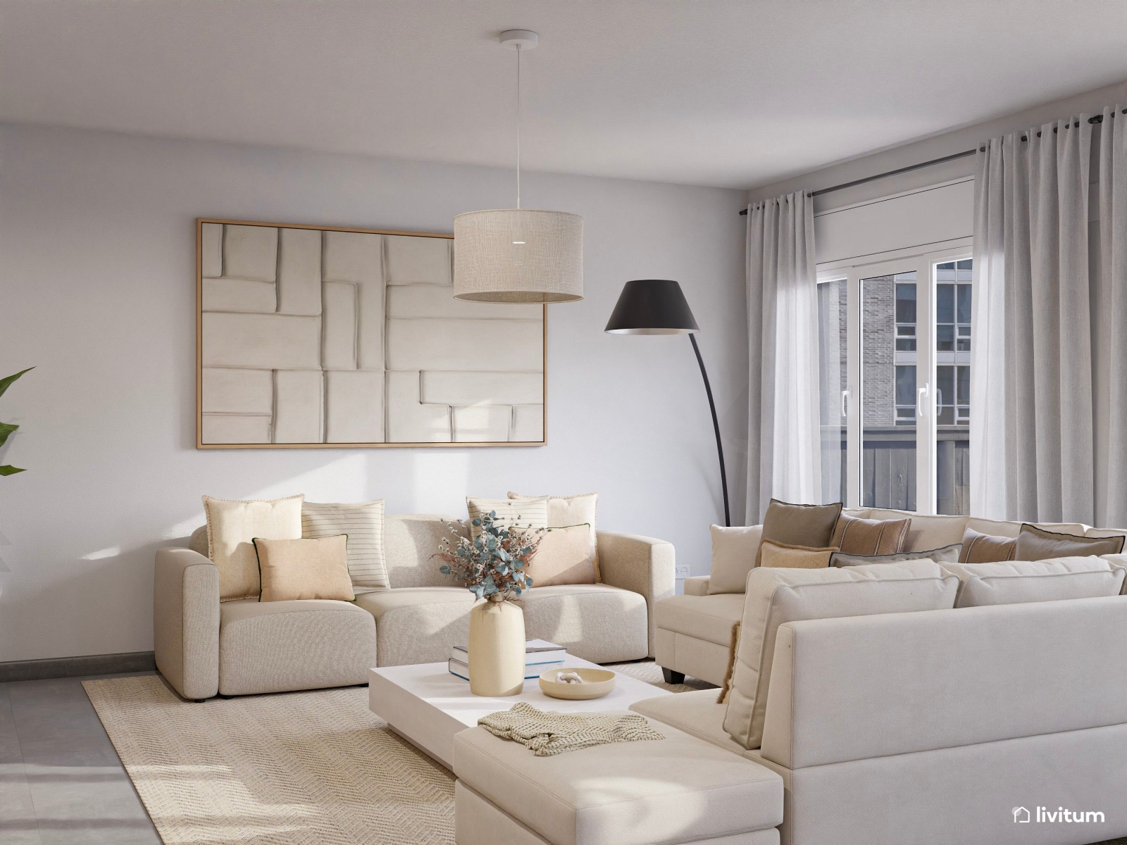 Salón comedor moderno de planta irregular con sofá rinconero