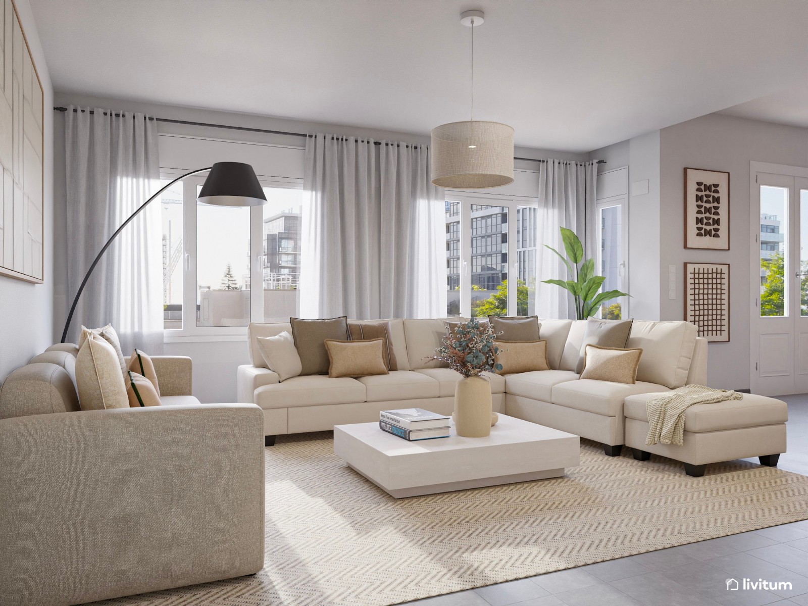Salón comedor moderno de planta irregular con sofá rinconero