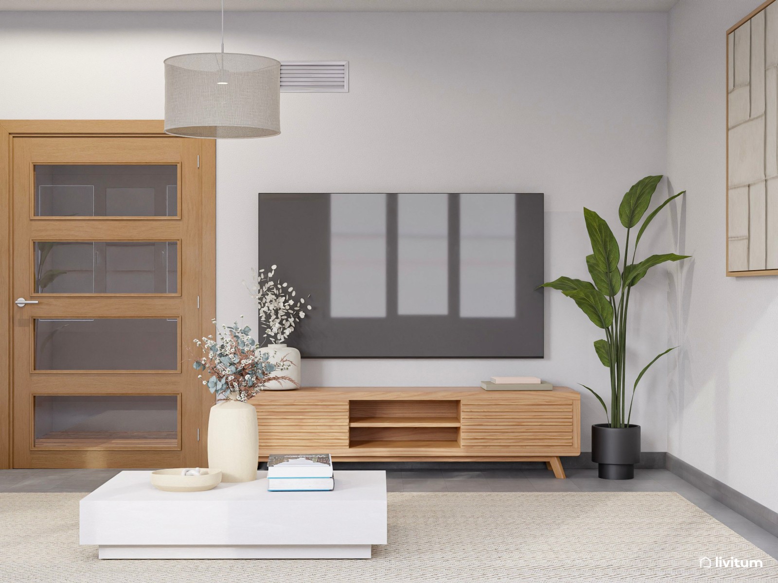 Salón comedor moderno de planta irregular con sofá rinconero