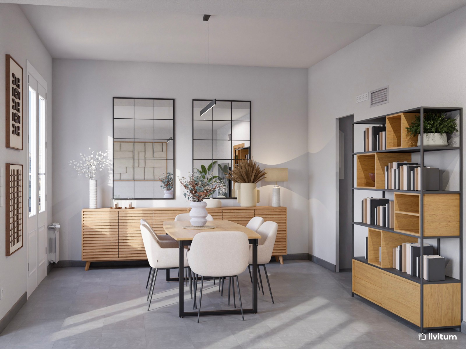 Salón comedor moderno de planta irregular con sofá rinconero
