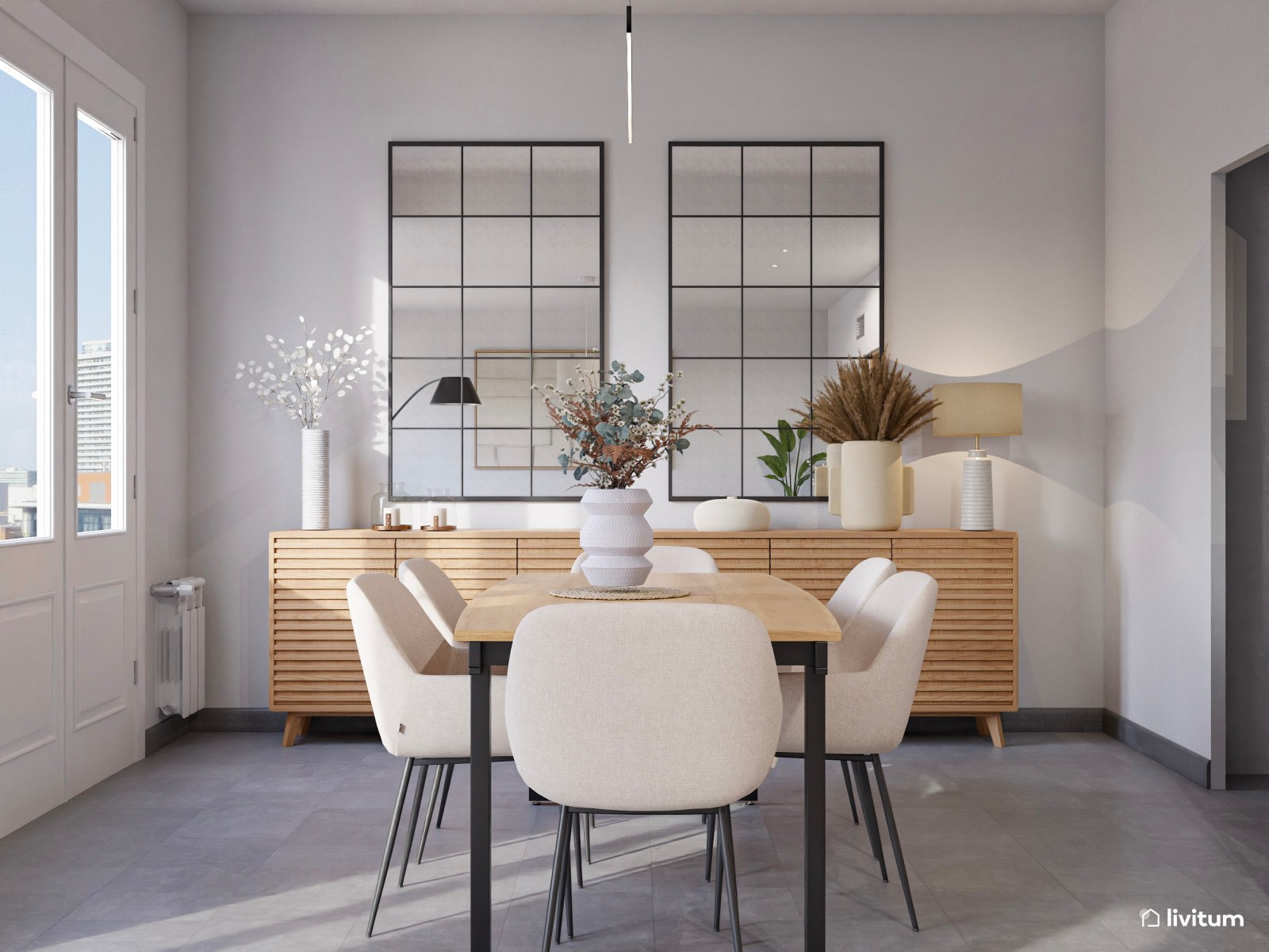 Salón comedor moderno de planta irregular con sofá rinconero