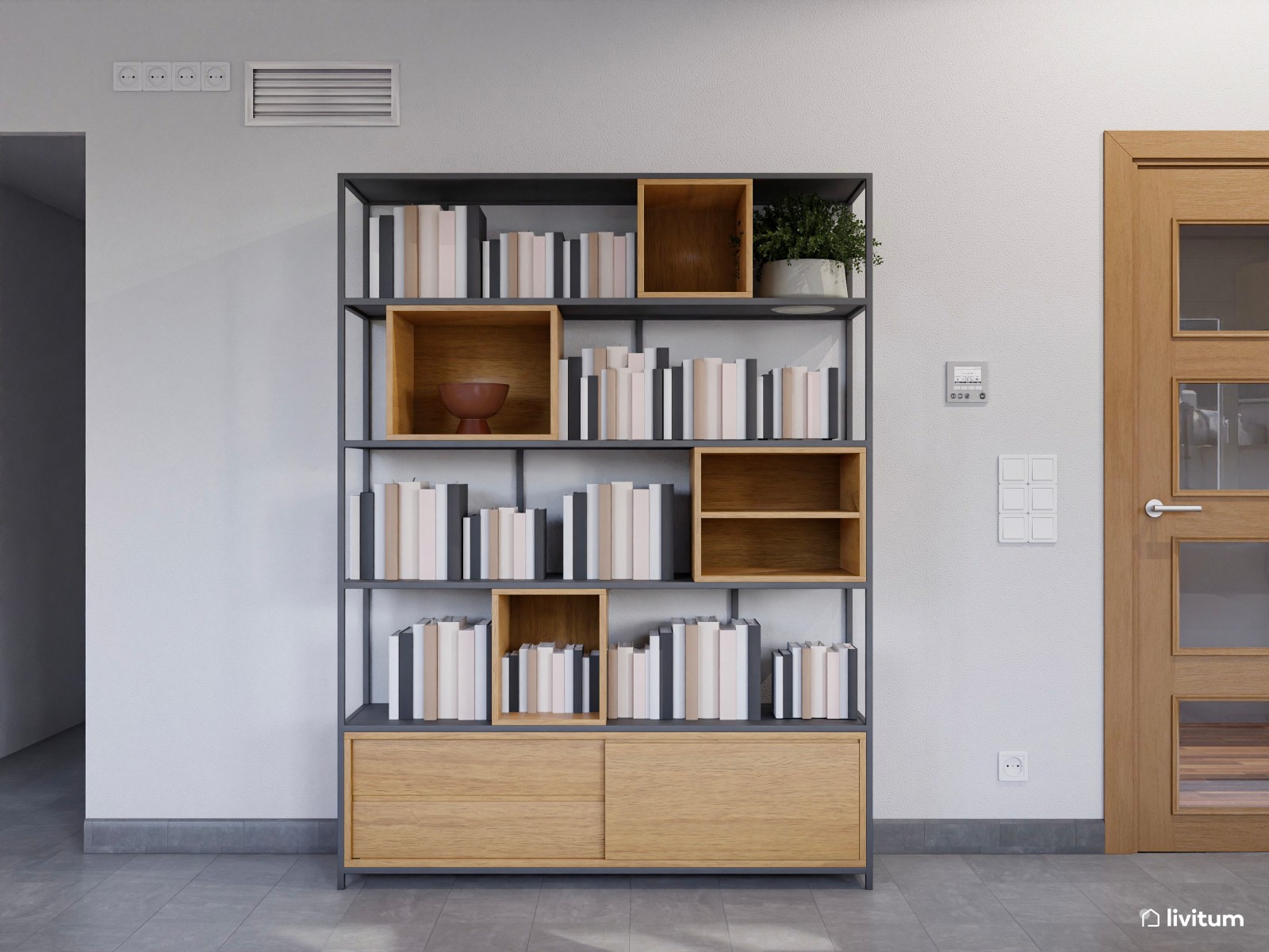 Salón comedor moderno de planta irregular con sofá rinconero