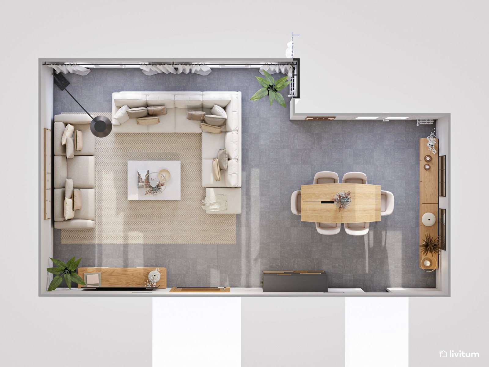 Salón comedor moderno de planta irregular con sofá rinconero