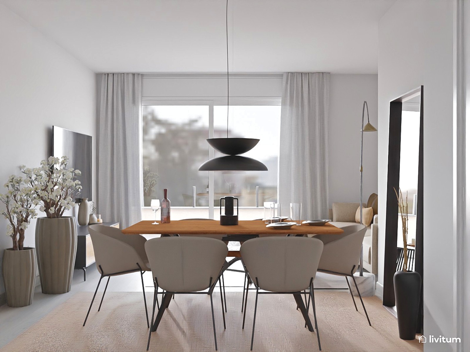 Salón comedor moderno e industrial con detalles en negro 