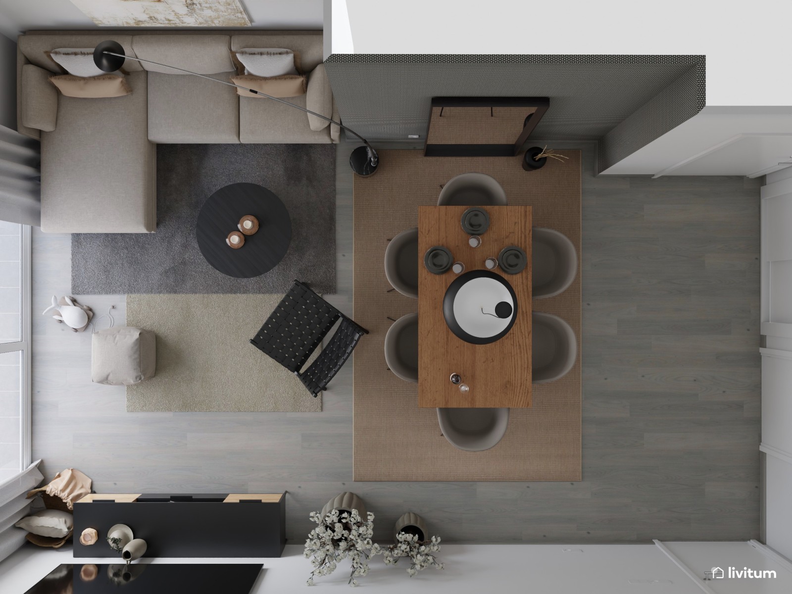 Salón comedor moderno e industrial con detalles en negro 