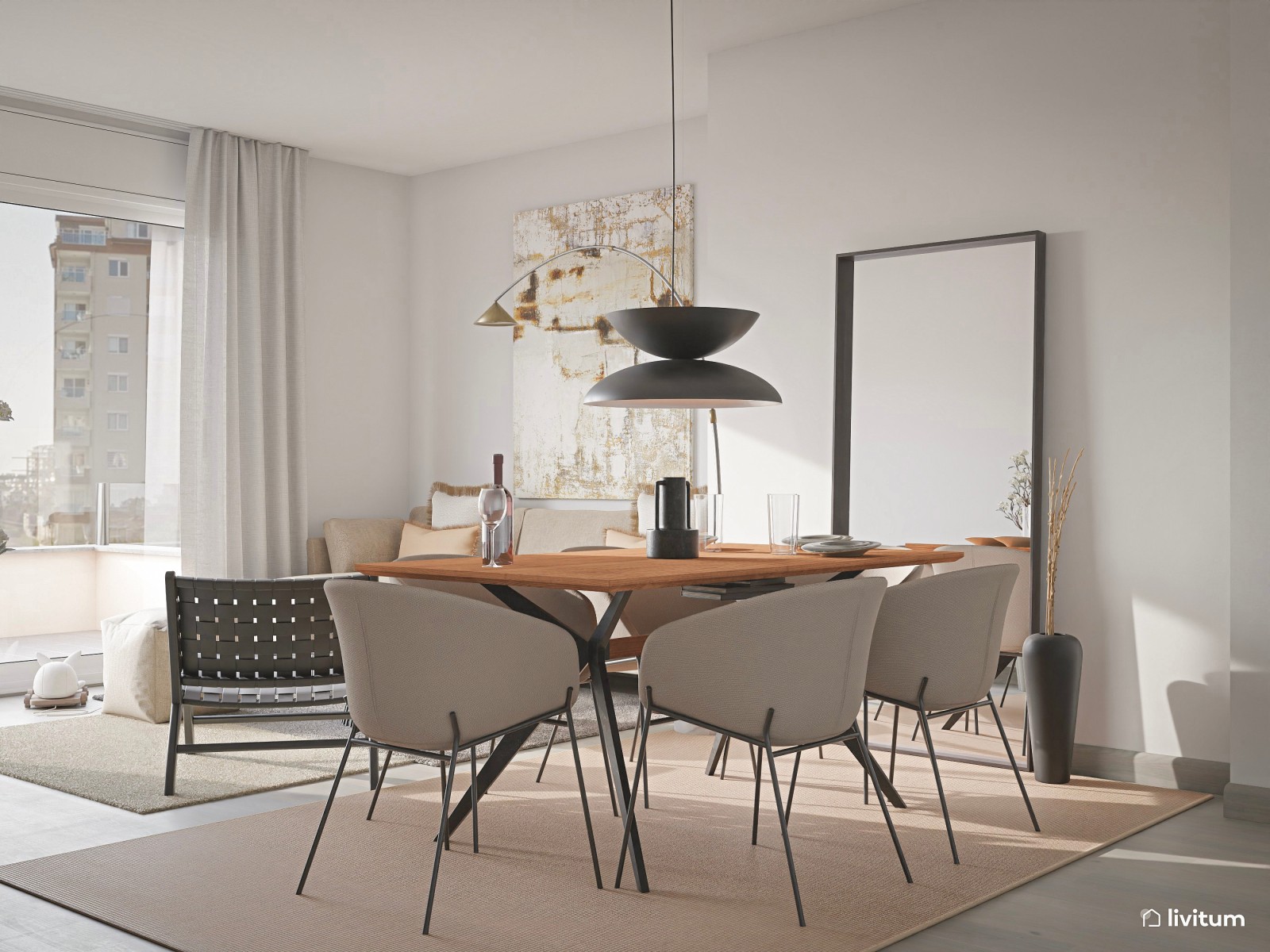 Salón comedor moderno e industrial con detalles en negro 